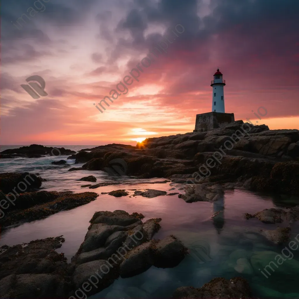 Solitary lighthouse on rocky coastline under vibrant sunset sky - Image 2