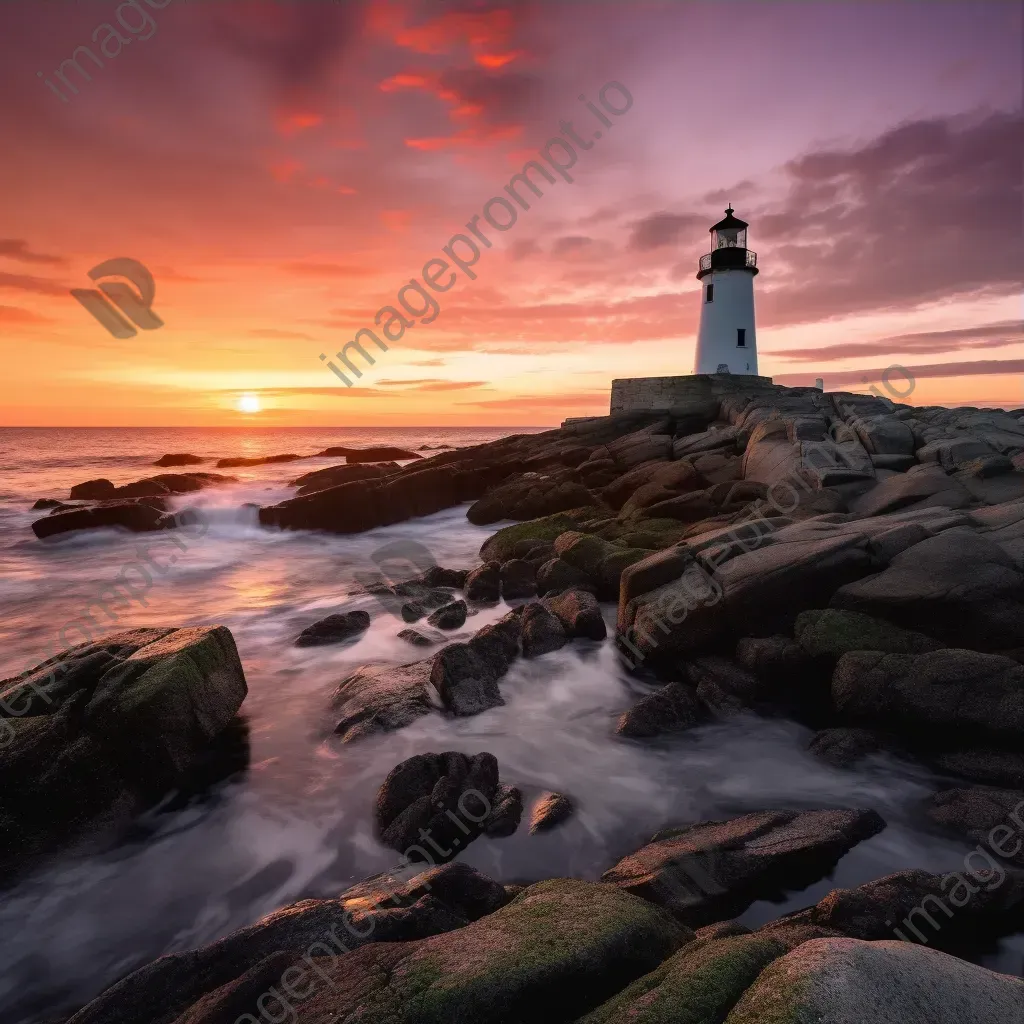 Solitary lighthouse on rocky coastline under vibrant sunset sky - Image 3