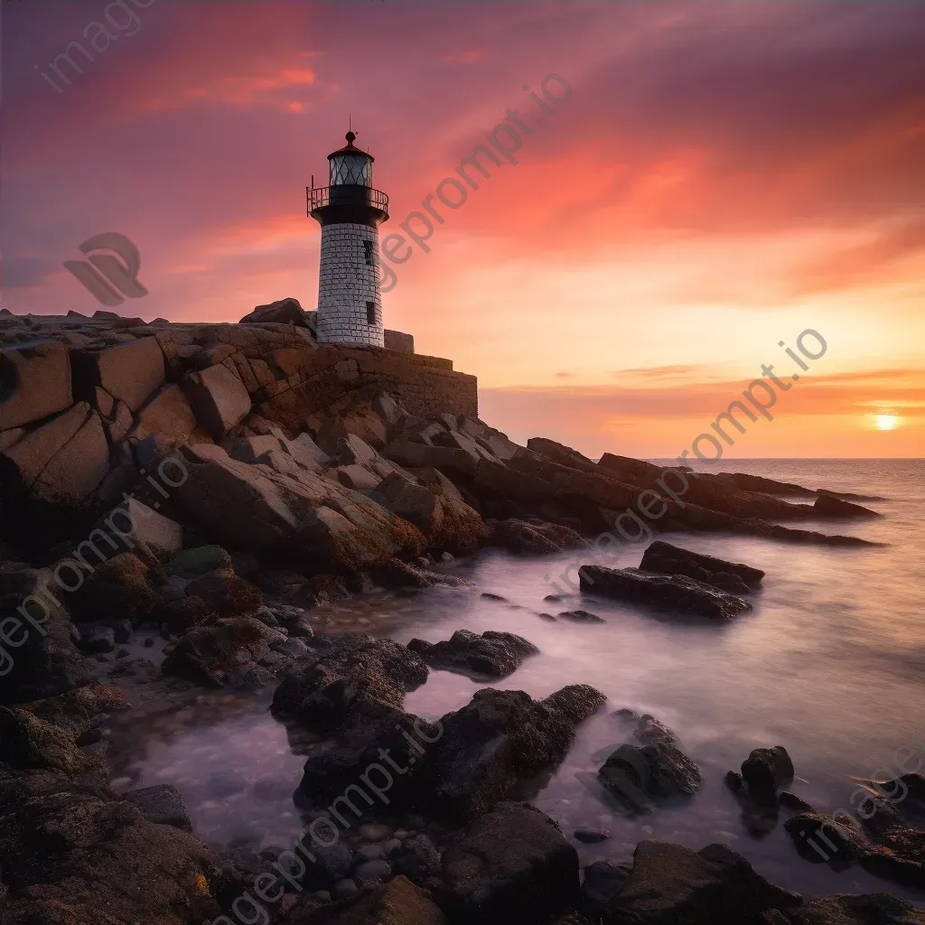 Solitary lighthouse on rocky coastline under vibrant sunset sky - Image 4