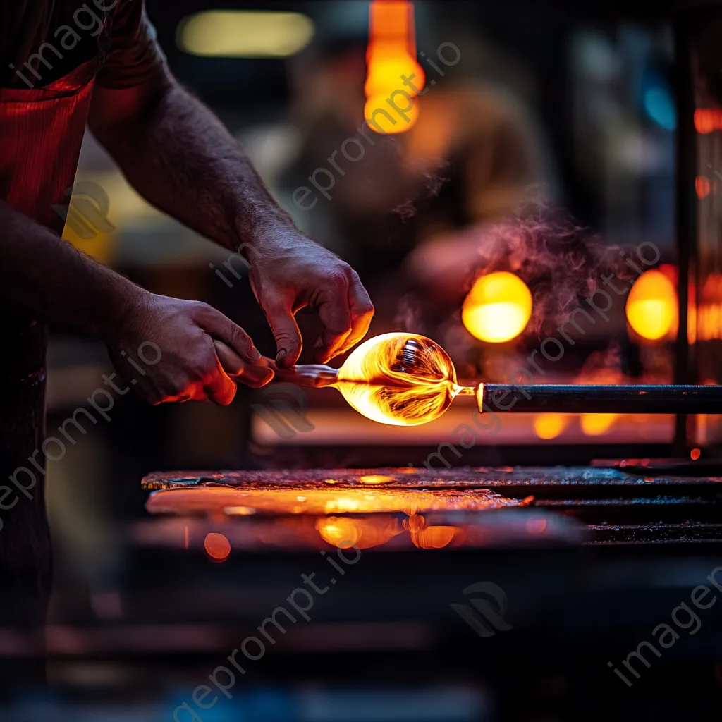 Close-up of hands shaping hot glass in a workshop - Image 1