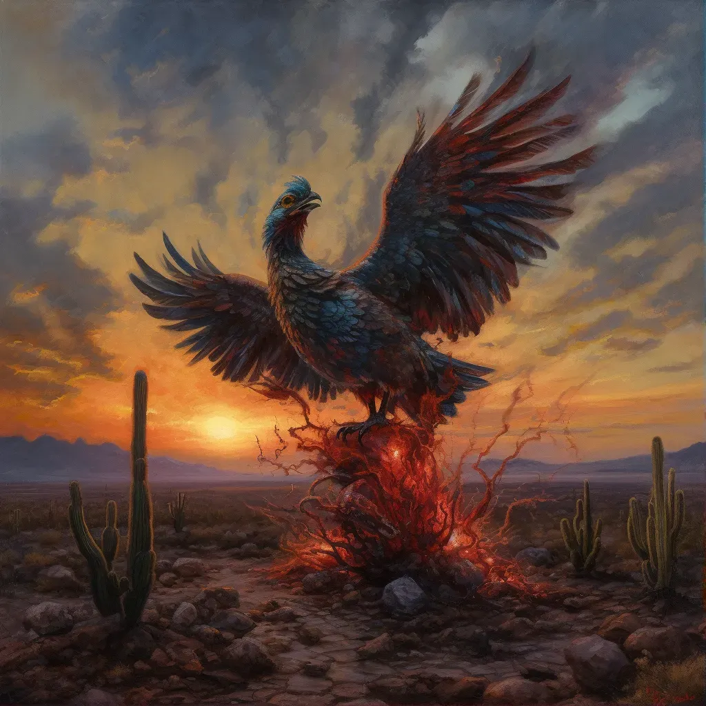 Illustration of a phoenix rising against a dramatic twilight sky - Image 1