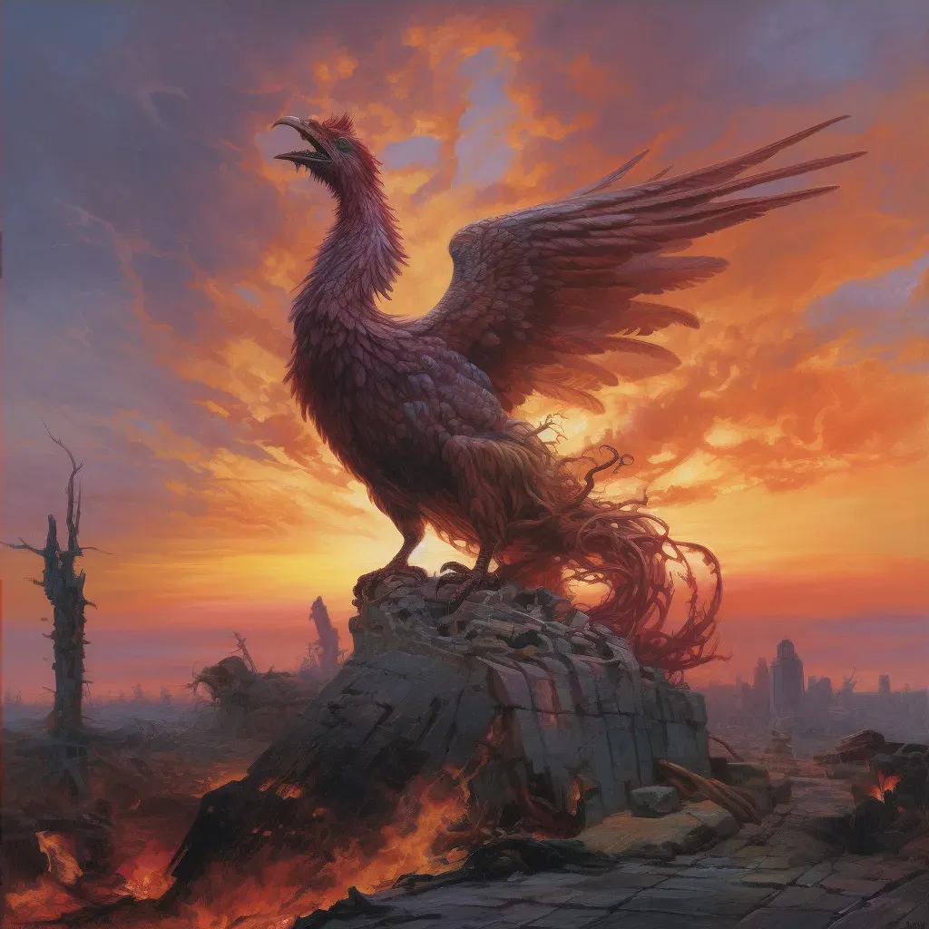 Illustration of a phoenix rising against a dramatic twilight sky - Image 4