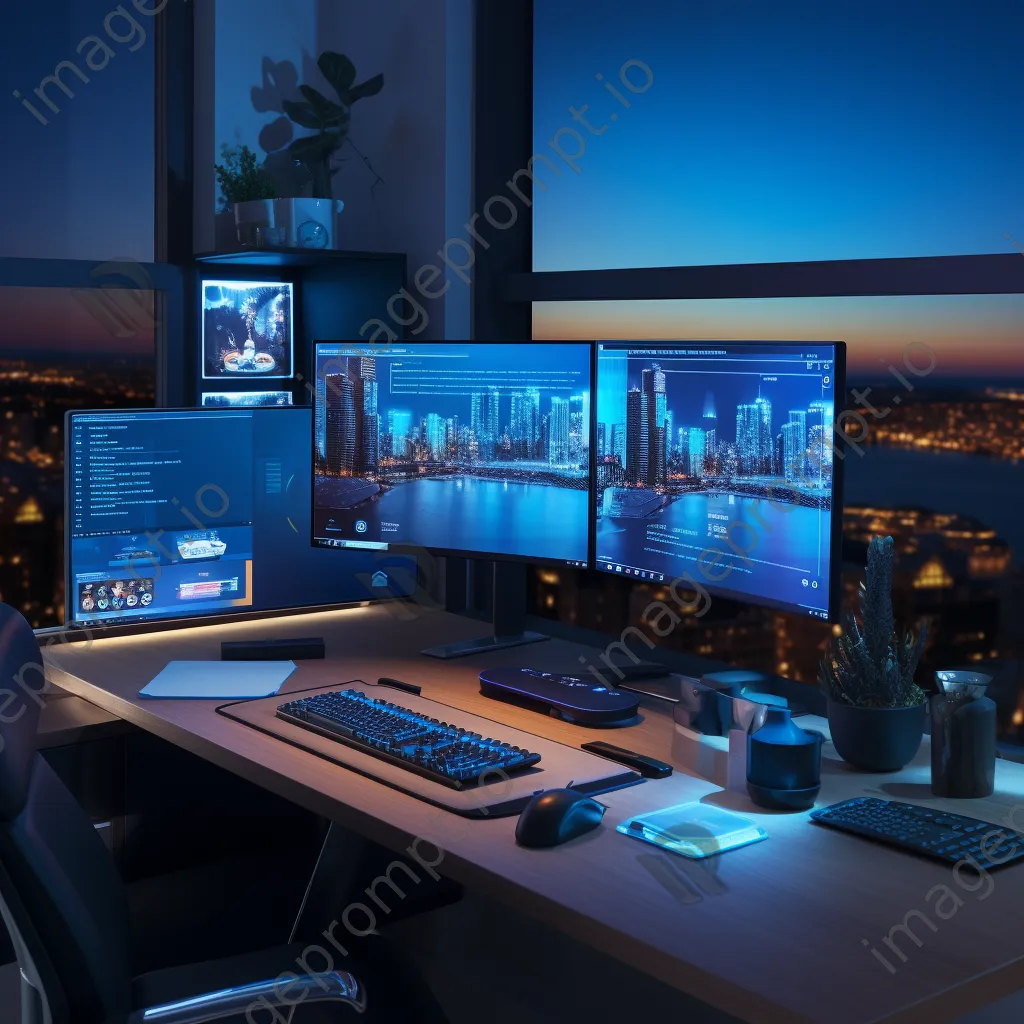 Modern office setup with dual monitors and desk organizers in cool light - Image 1