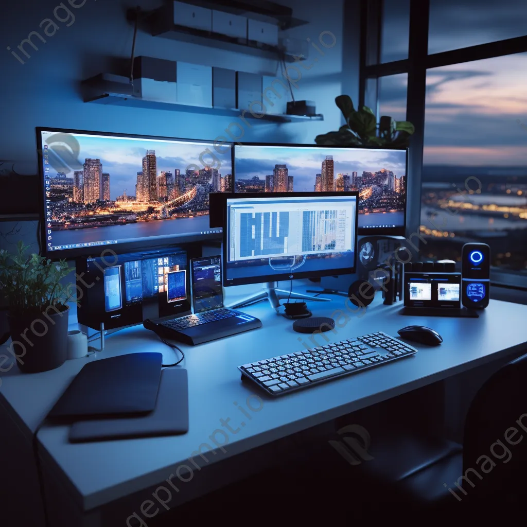 Modern office setup with dual monitors and desk organizers in cool light - Image 2