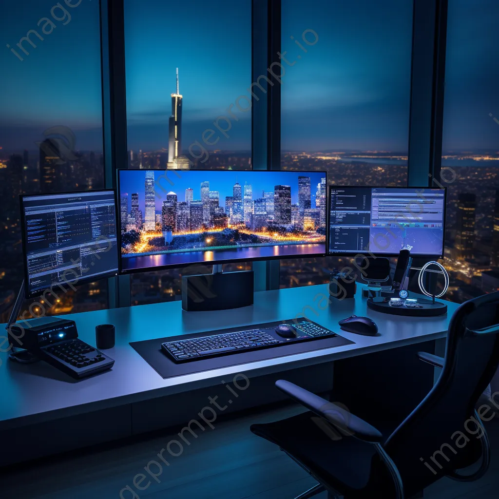 Modern office setup with dual monitors and desk organizers in cool light - Image 4