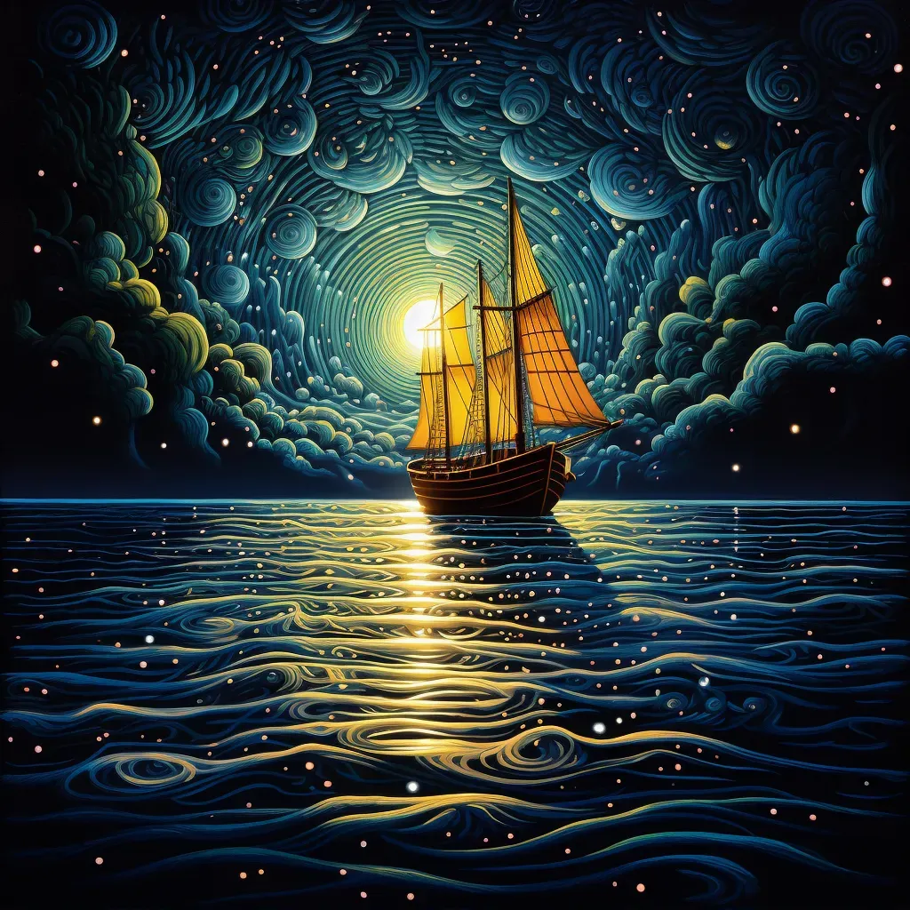 Moonlit night at sea with bioluminescent plankton illuminating the water around a sailing boat - Image 2