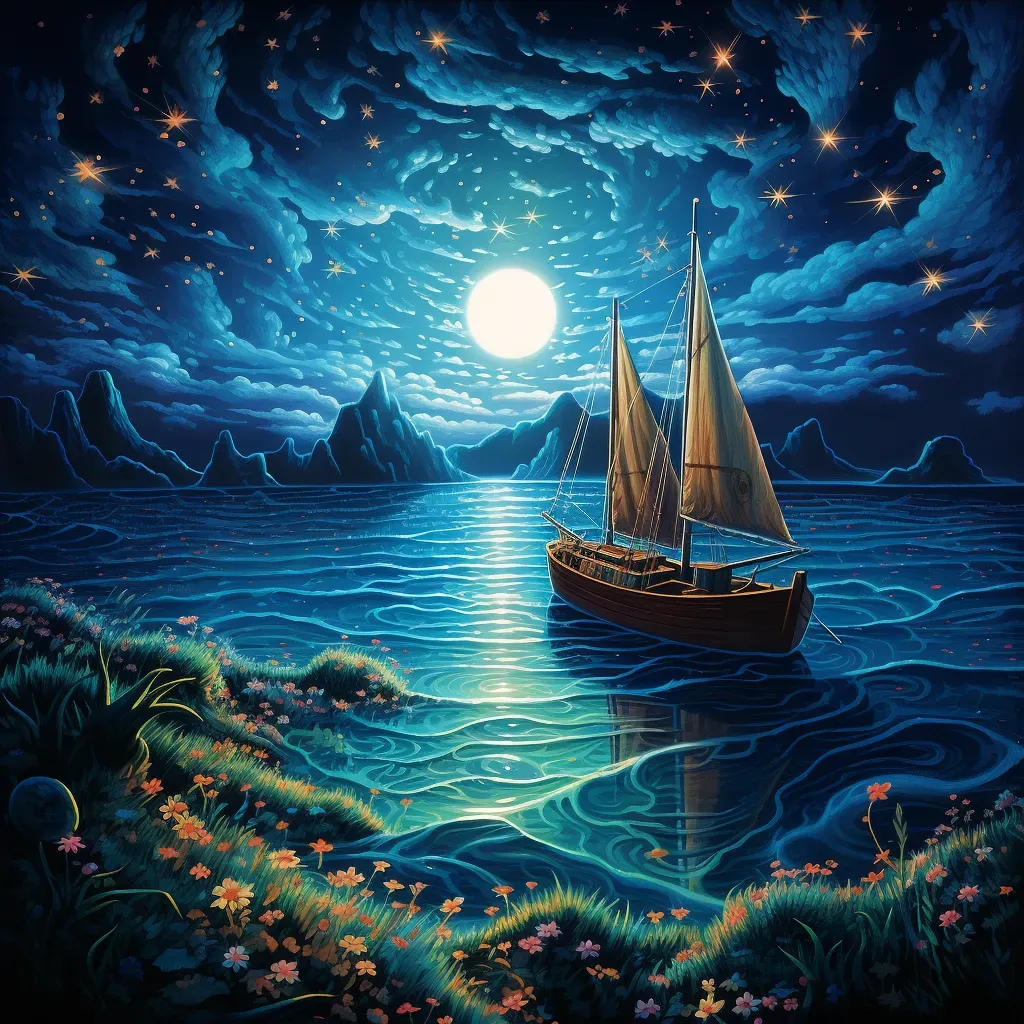 Moonlit night at sea with bioluminescent plankton illuminating the water around a sailing boat - Image 3