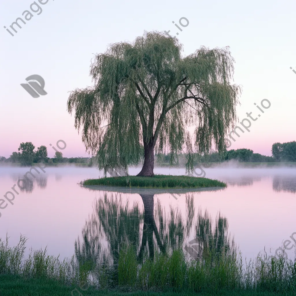 Willow tree leaning over still lake at dawn - Image 1