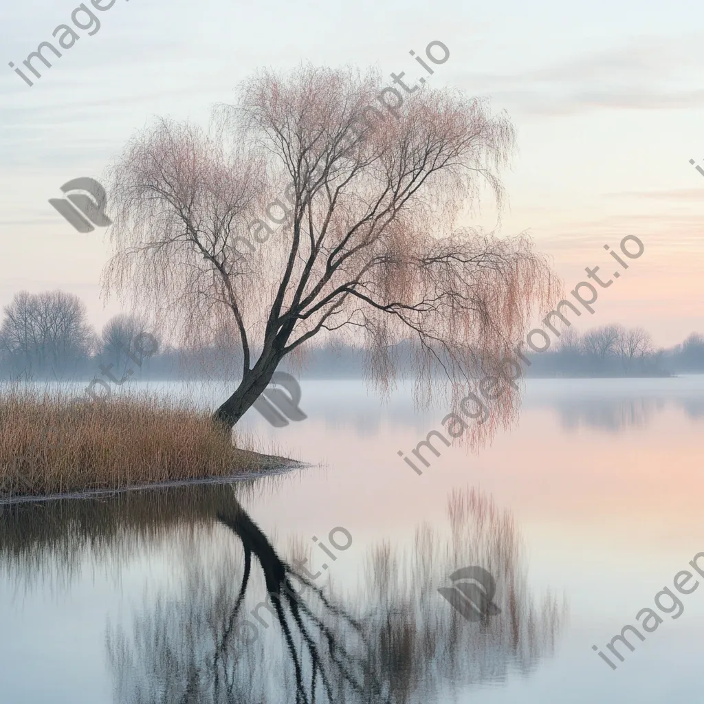 Willow tree leaning over still lake at dawn - Image 2