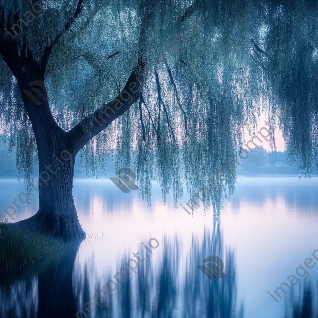 Willow tree leaning over still lake at dawn - Image 4