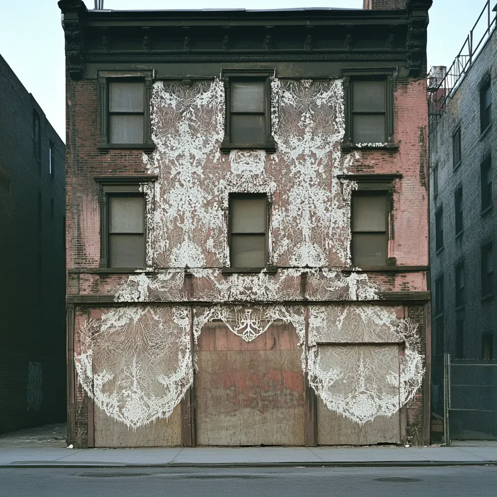 An urban ruin adorned with intricate, lace-like white graffiti stencil - Image 1