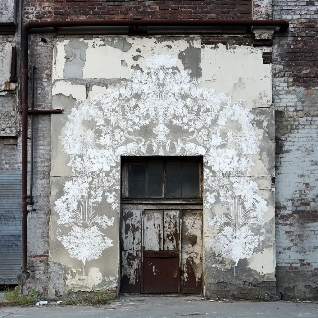 An urban ruin adorned with intricate, lace-like white graffiti stencil - Image 2