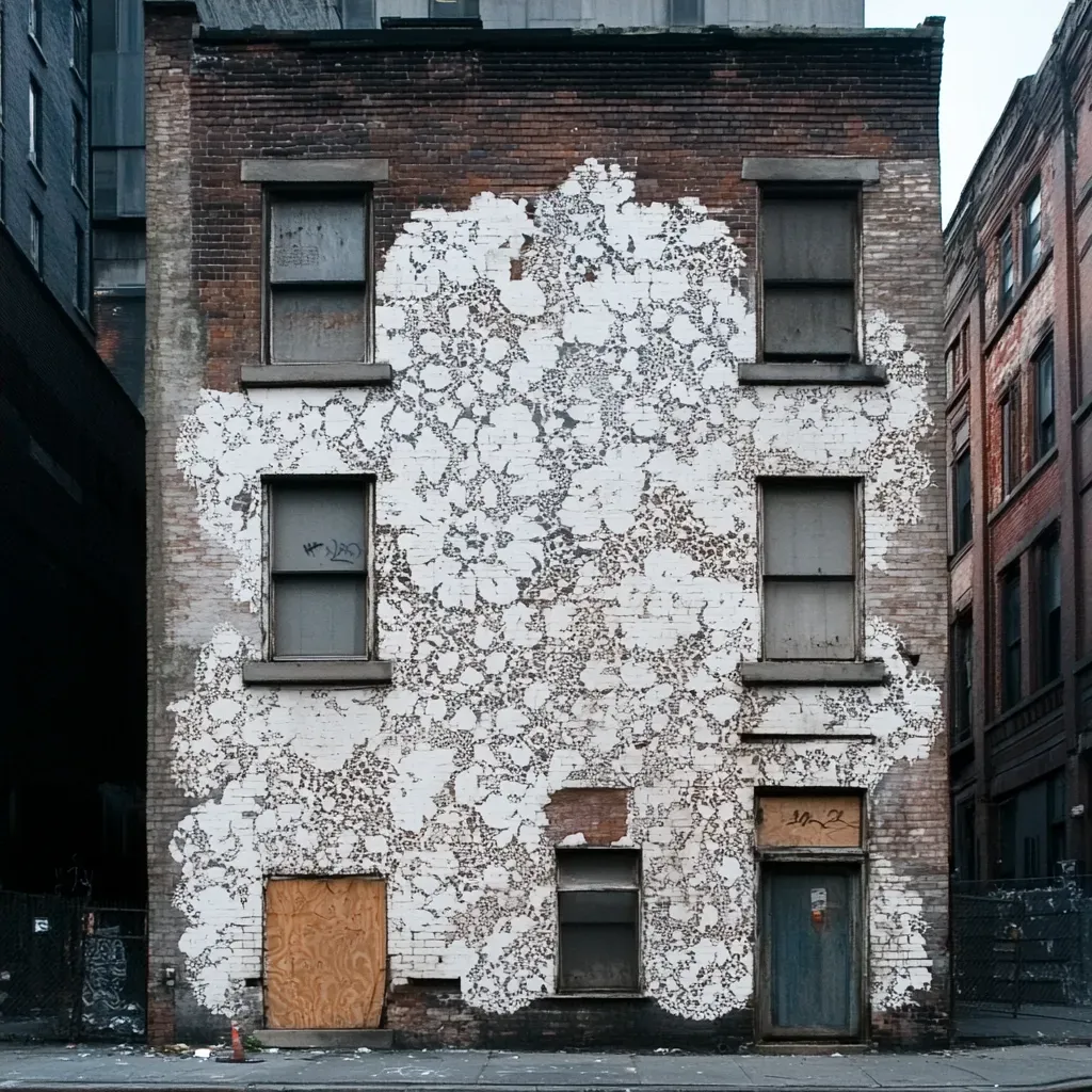 An urban ruin adorned with intricate, lace-like white graffiti stencil - Image 4