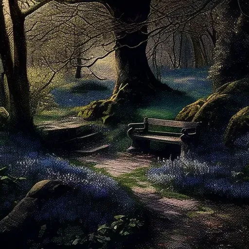 Image of a secluded woodland garden with bluebells and a stone bench - Image 2