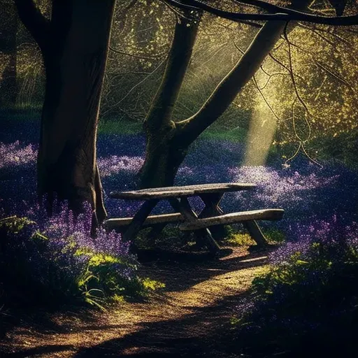 Image of a secluded woodland garden with bluebells and a stone bench - Image 3