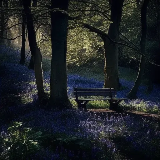 Image of a secluded woodland garden with bluebells and a stone bench - Image 4