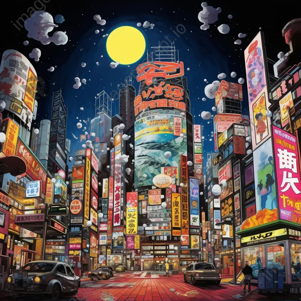 Abstract pop art cityscape at night with billboards featuring manga characters - Image 1