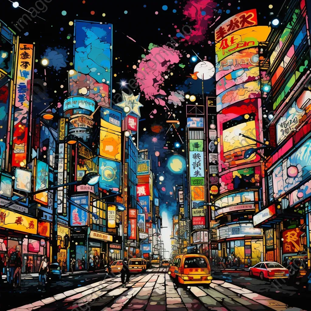 Abstract pop art cityscape at night with billboards featuring manga characters - Image 2