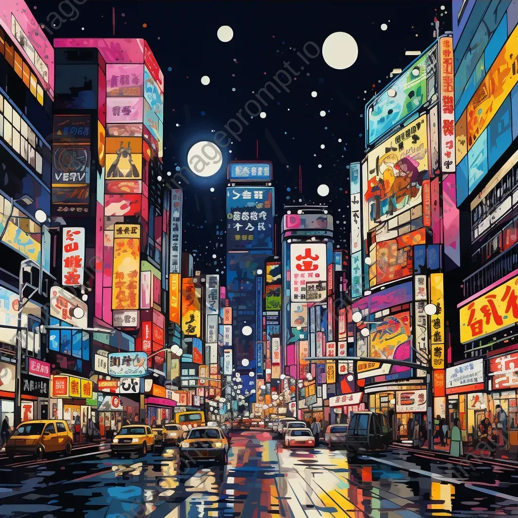 Abstract pop art cityscape at night with billboards featuring manga characters - Image 3