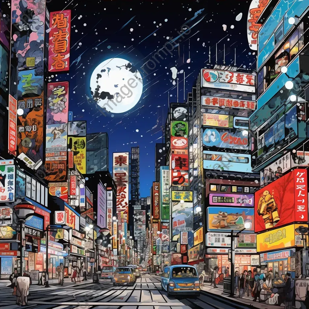 Abstract pop art cityscape at night with billboards featuring manga characters - Image 4