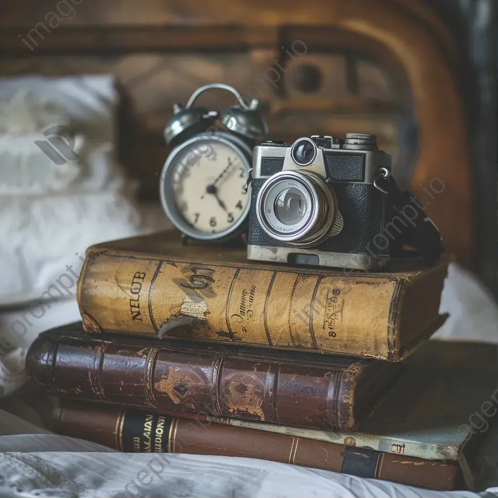 Vintage film camera, retro alarm clock, and old books on a bedside table - Image 1