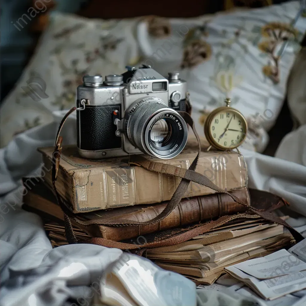 Vintage film camera, retro alarm clock, and old books on a bedside table - Image 2