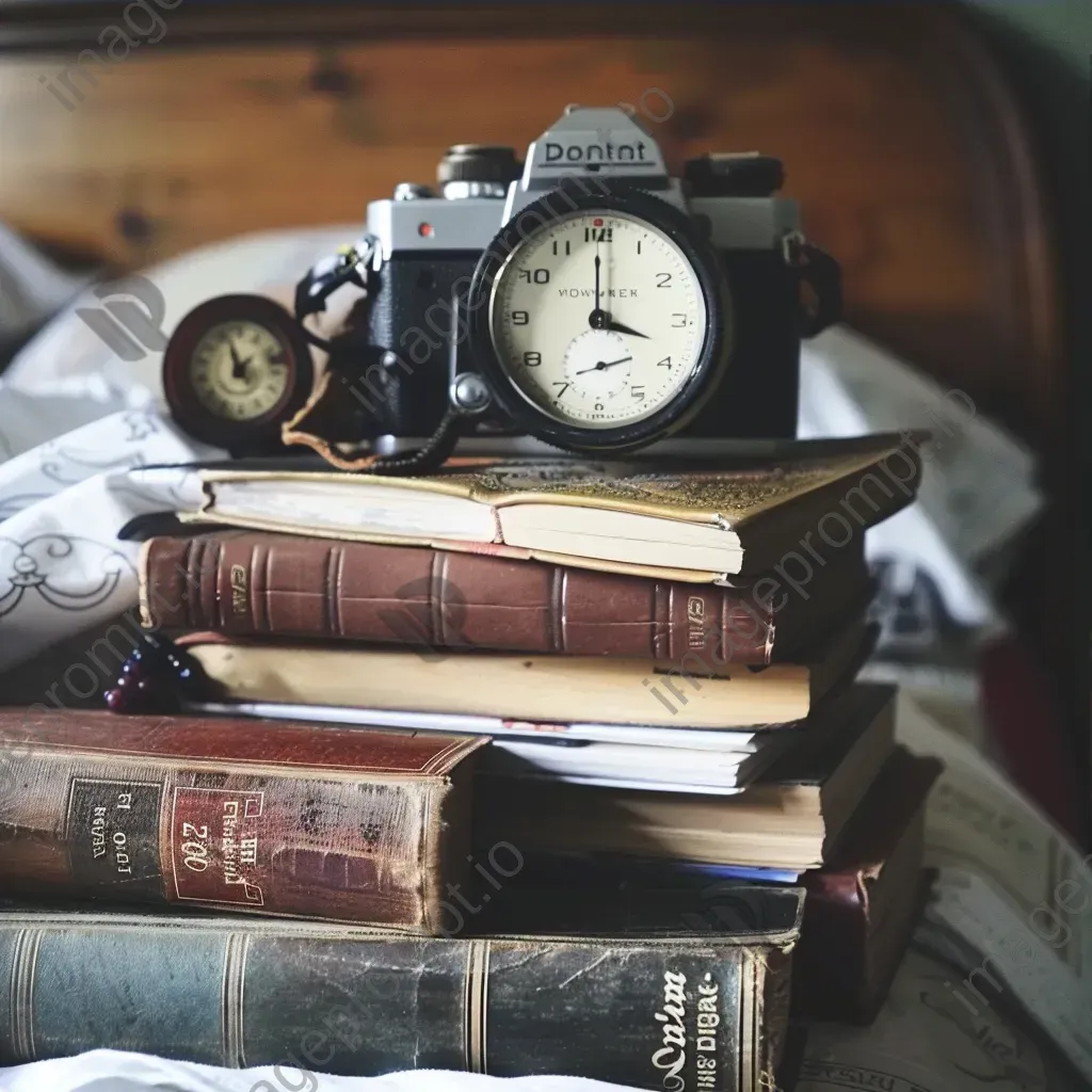 Vintage film camera, retro alarm clock, and old books on a bedside table - Image 3