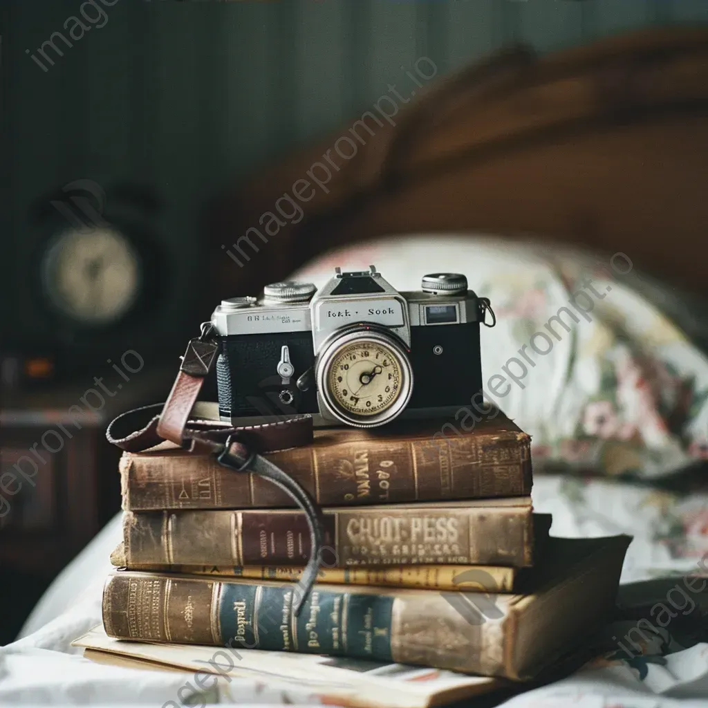 Vintage film camera, retro alarm clock, and old books on a bedside table - Image 4