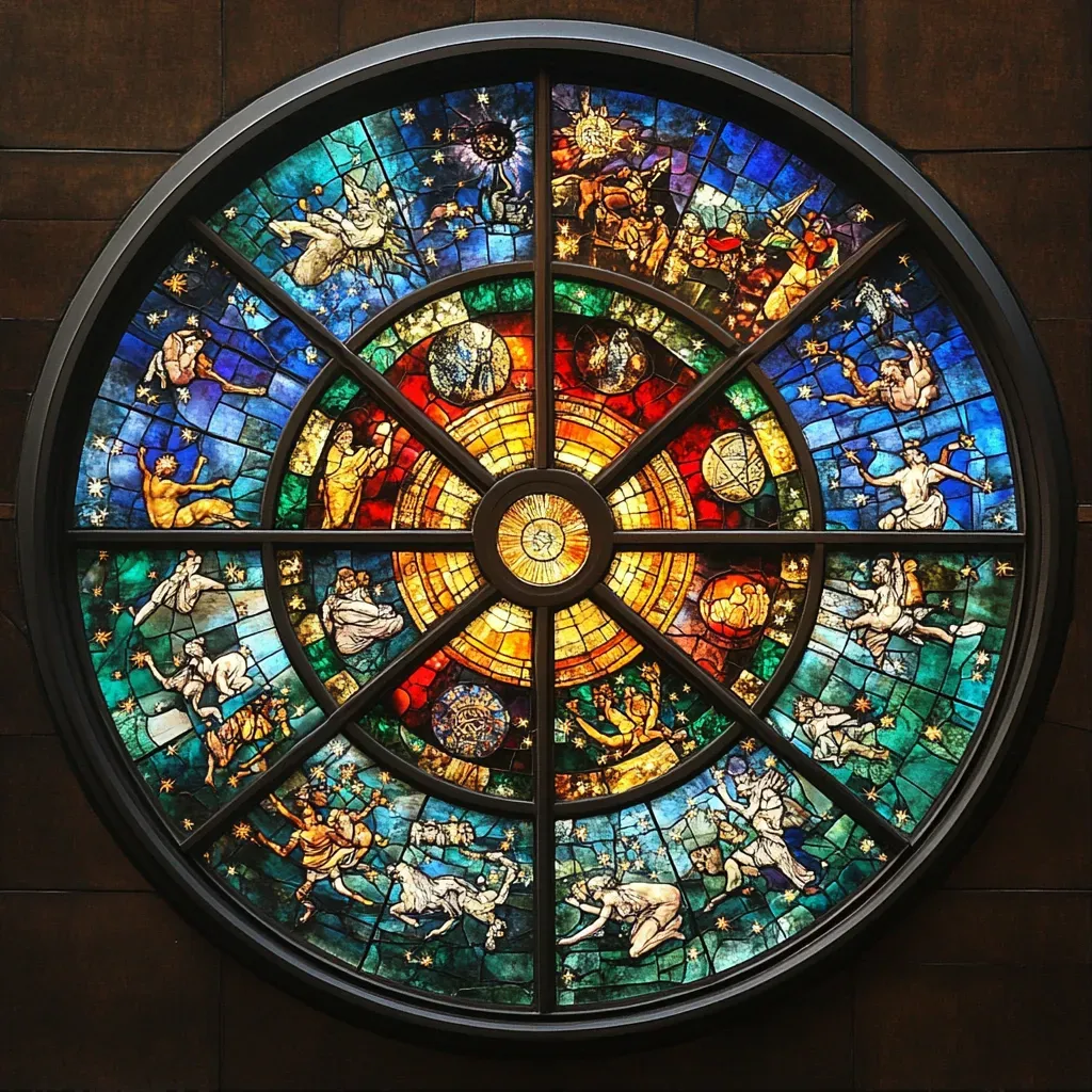 Rich, jewel-like stained glass window depicting the zodiac, blending medieval cathedral art with modern astrology - Image 1