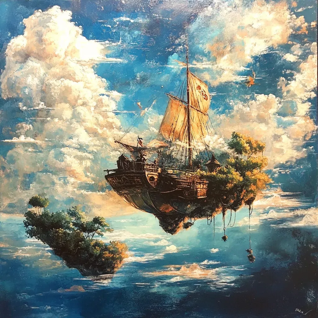 Acrylic and pastel depiction of a Sky pirate navigating through floating islands - Image 3