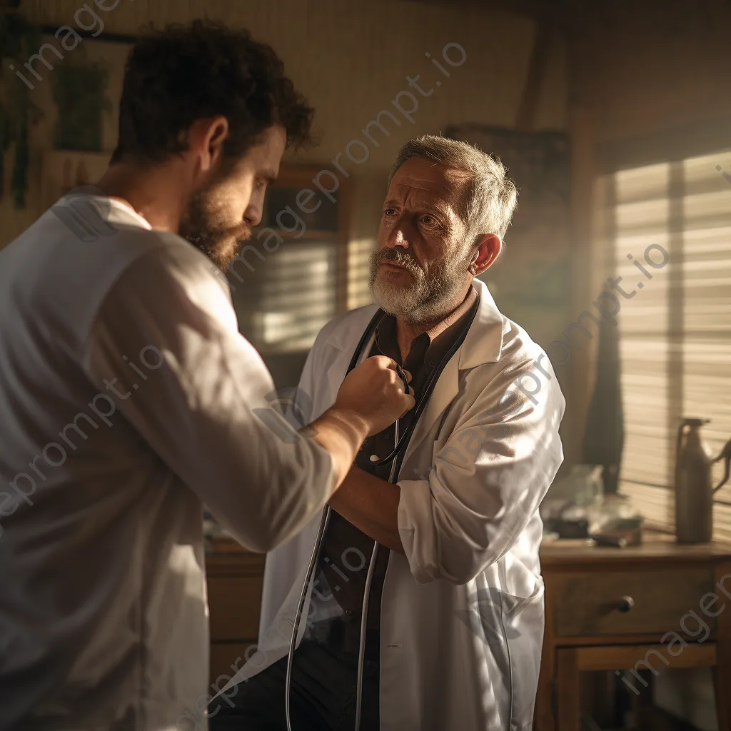 A doctor examining a patient with a stethoscope in a warmly lit office. - Image 1