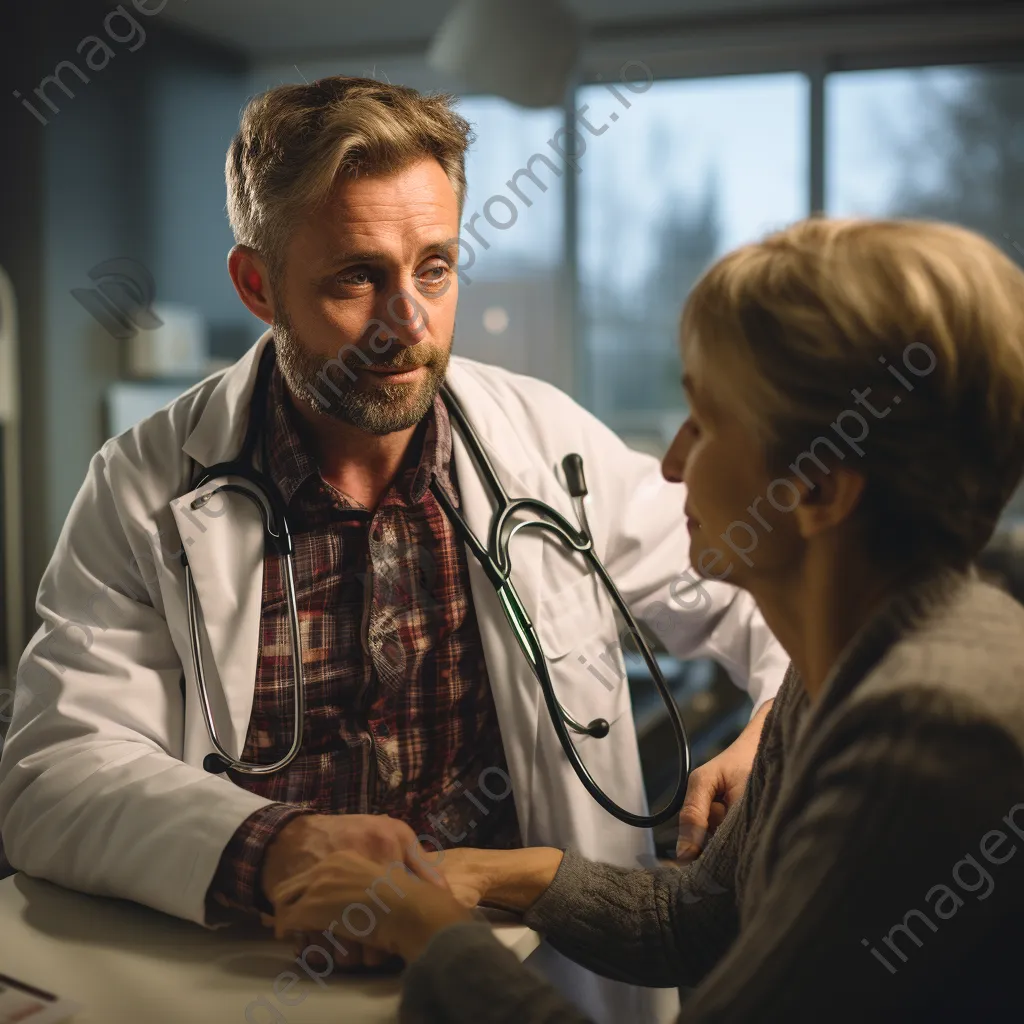 A doctor examining a patient with a stethoscope in a warmly lit office. - Image 2