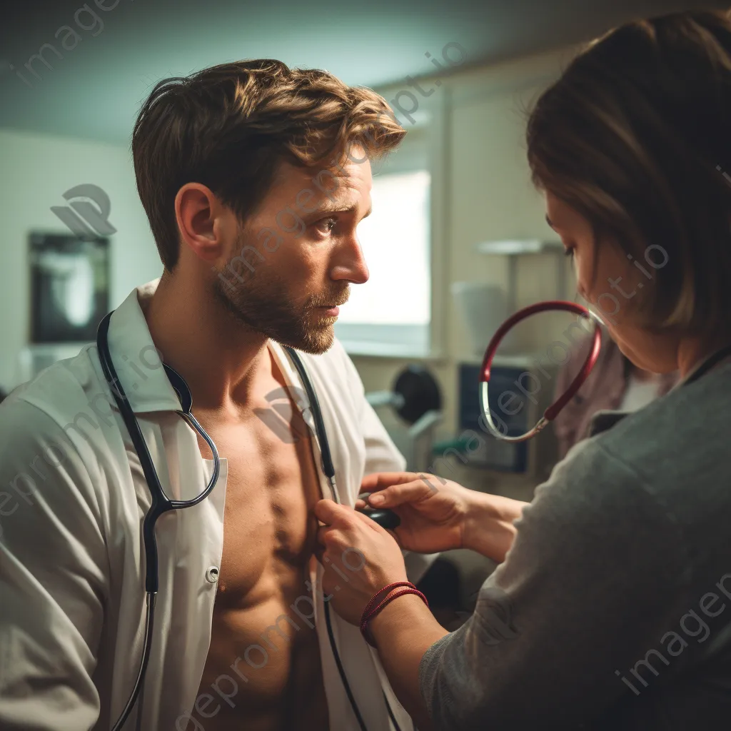 A doctor examining a patient with a stethoscope in a warmly lit office. - Image 4