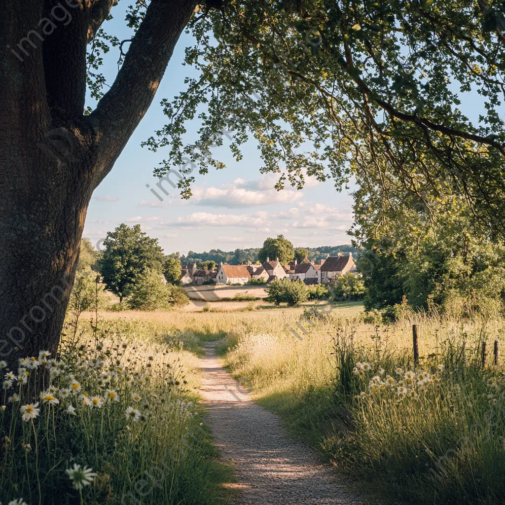 Pathway to historic village framed by trees and wildflowers - Image 1