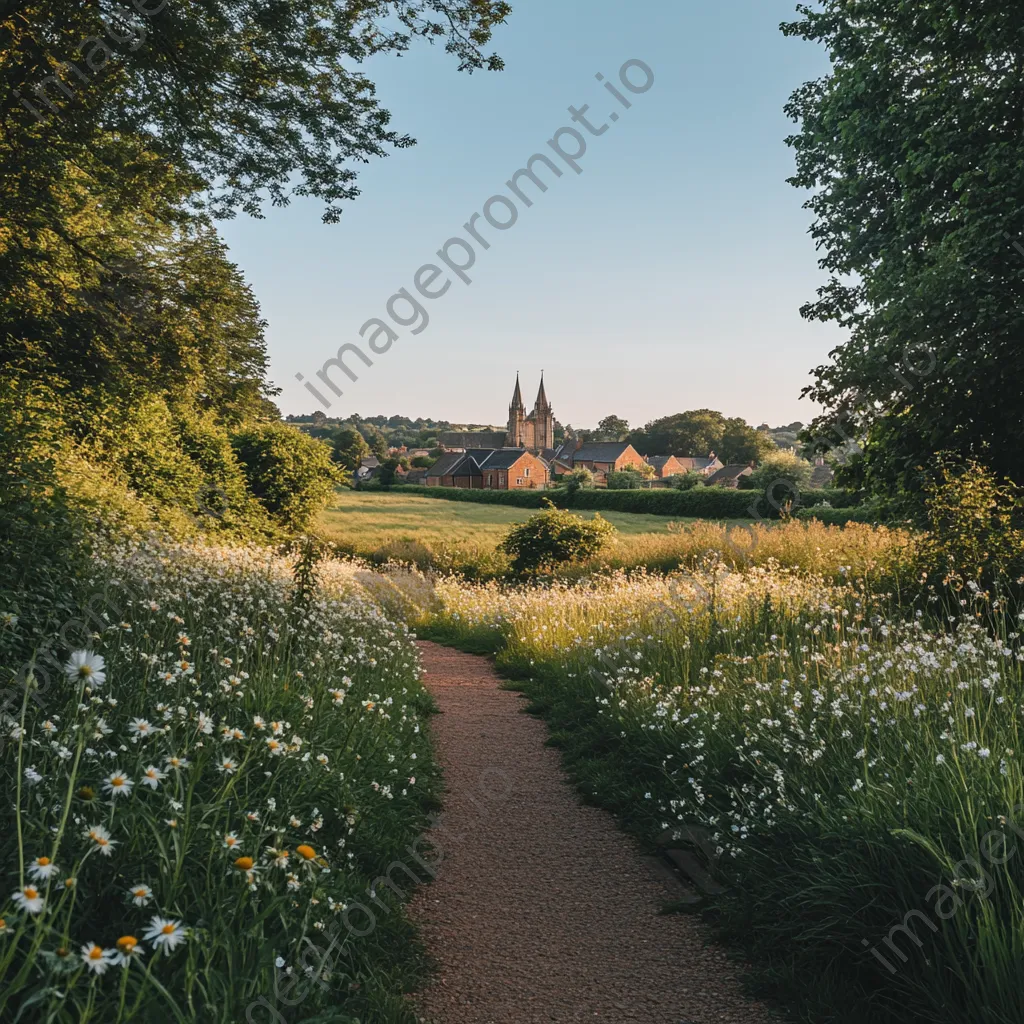 Pathway to historic village framed by trees and wildflowers - Image 2