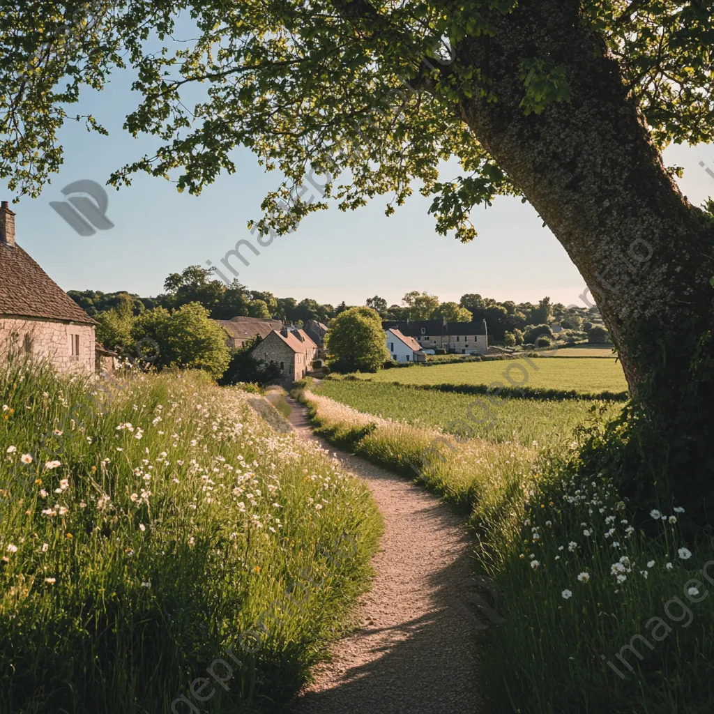 Pathway to historic village framed by trees and wildflowers - Image 3