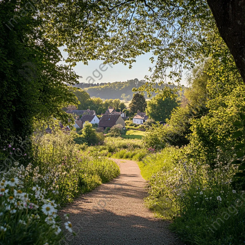 Pathway to historic village framed by trees and wildflowers - Image 4