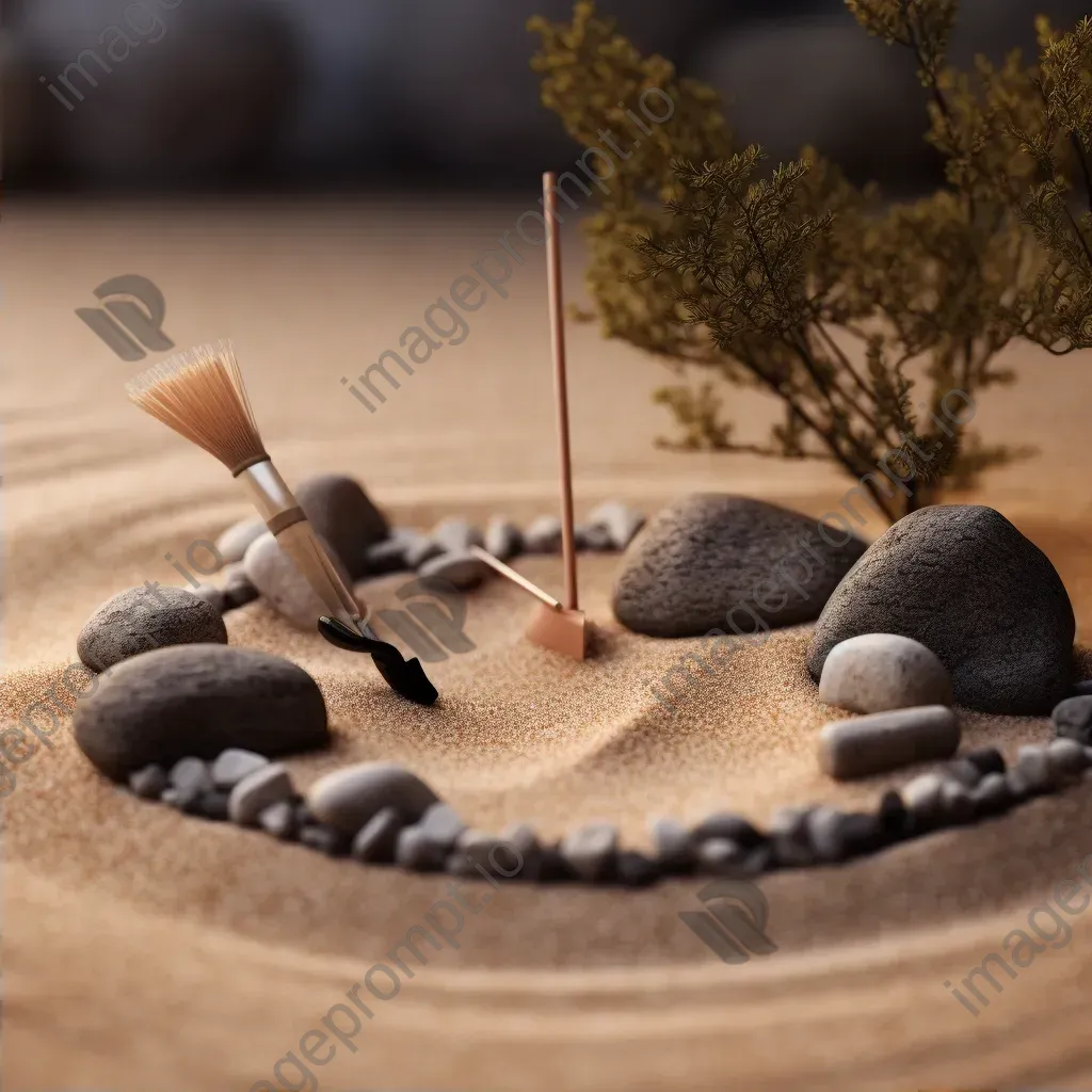 Top view of a Zen garden with rocks, sand patterns, and a rake - Image 2