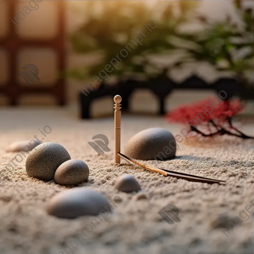 Top view of a Zen garden with rocks, sand patterns, and a rake - Image 3