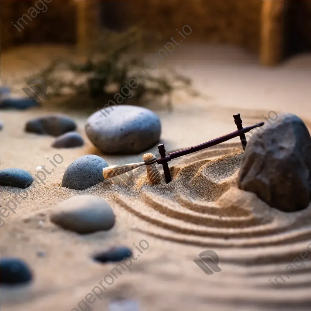 Top view of a Zen garden with rocks, sand patterns, and a rake - Image 4