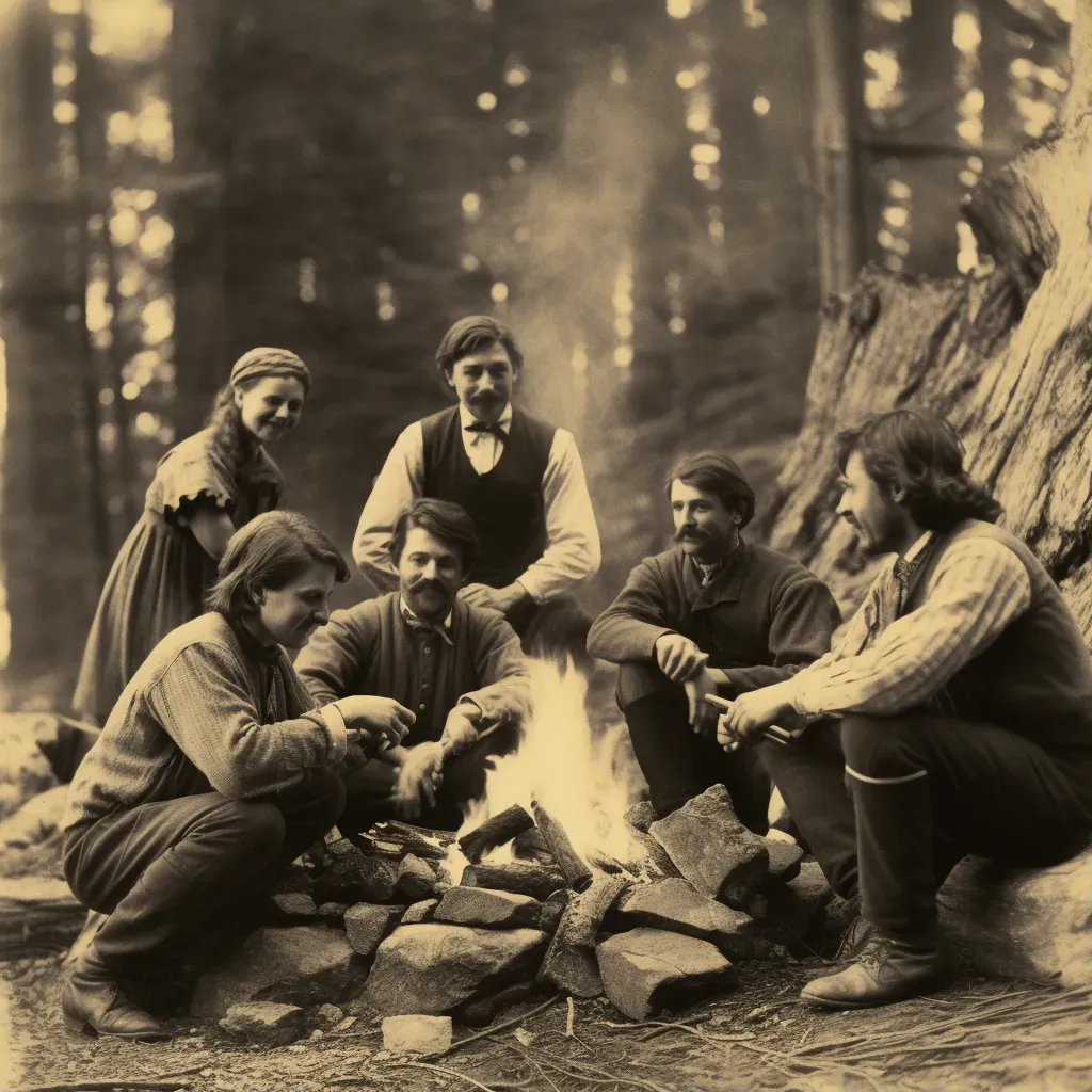 Image illustrating a group of friends around a campfire telling stories after kayaking - Image 1