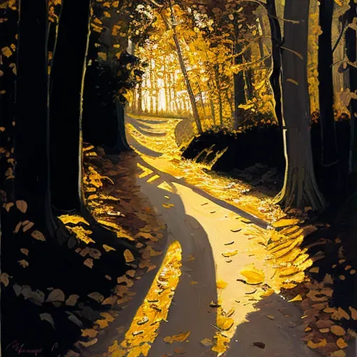 Autumnal forest path covered with fallen leaves in golden light - Image 3