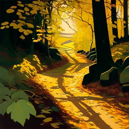 Autumnal forest path covered with fallen leaves in golden light - Image 4