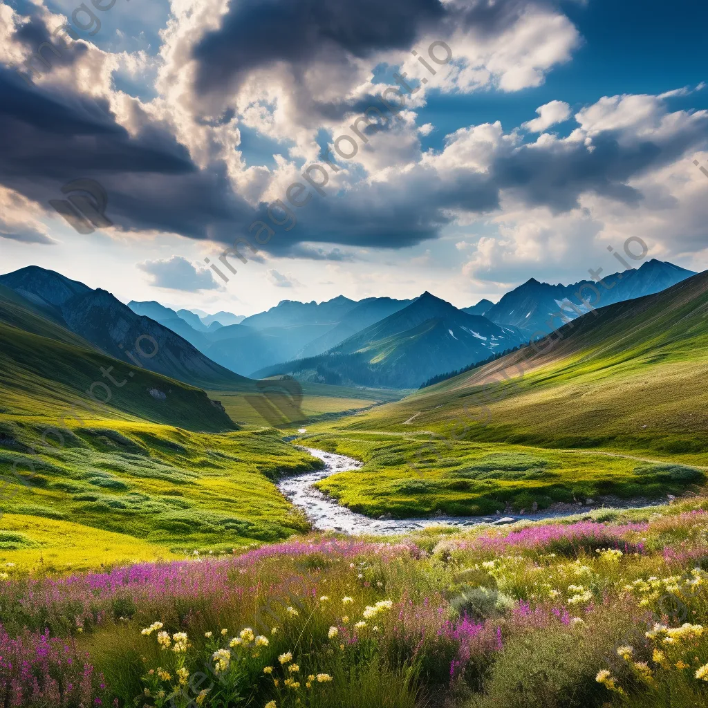 Panoramic view of summer mountain pass with wildflowers - Image 1