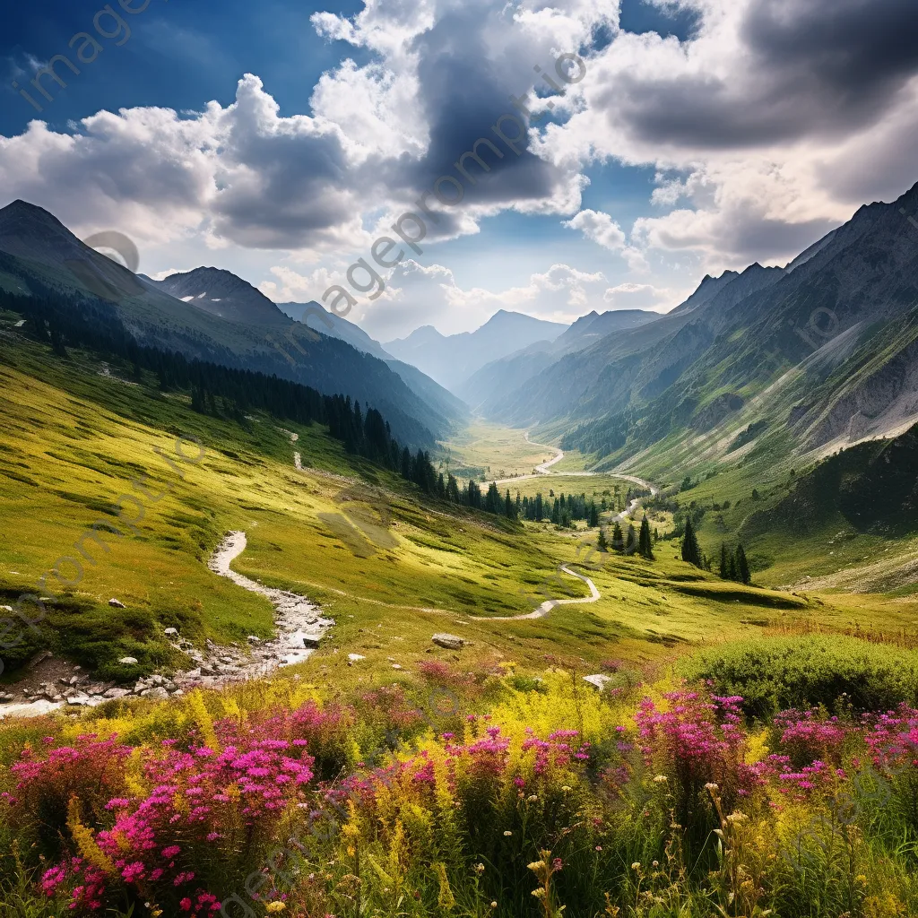 Panoramic view of summer mountain pass with wildflowers - Image 3