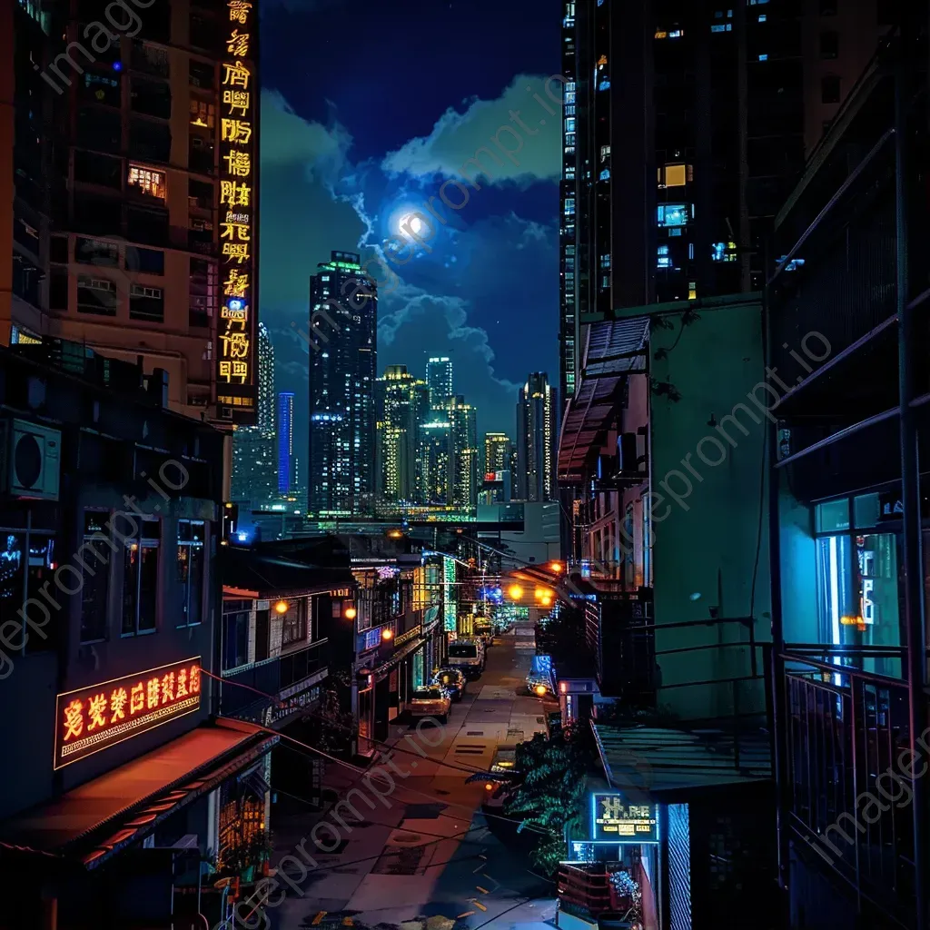 Moonlit cityscape with neon lights in an urban night scene - Image 1