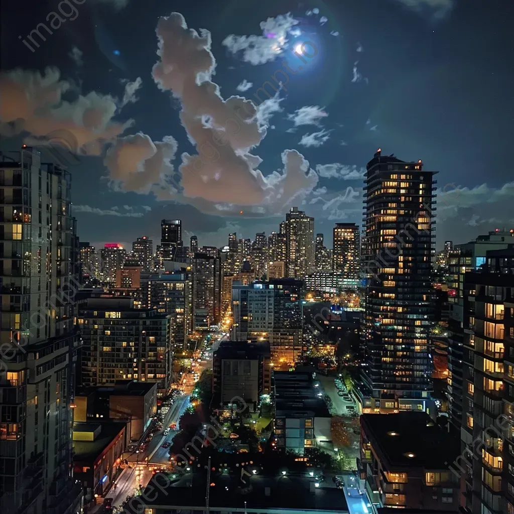 Moonlit cityscape with neon lights in an urban night scene - Image 2