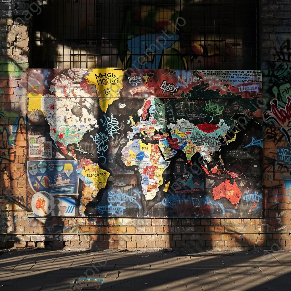 Vibrant street art showing a world map with cultural influences - Image 3