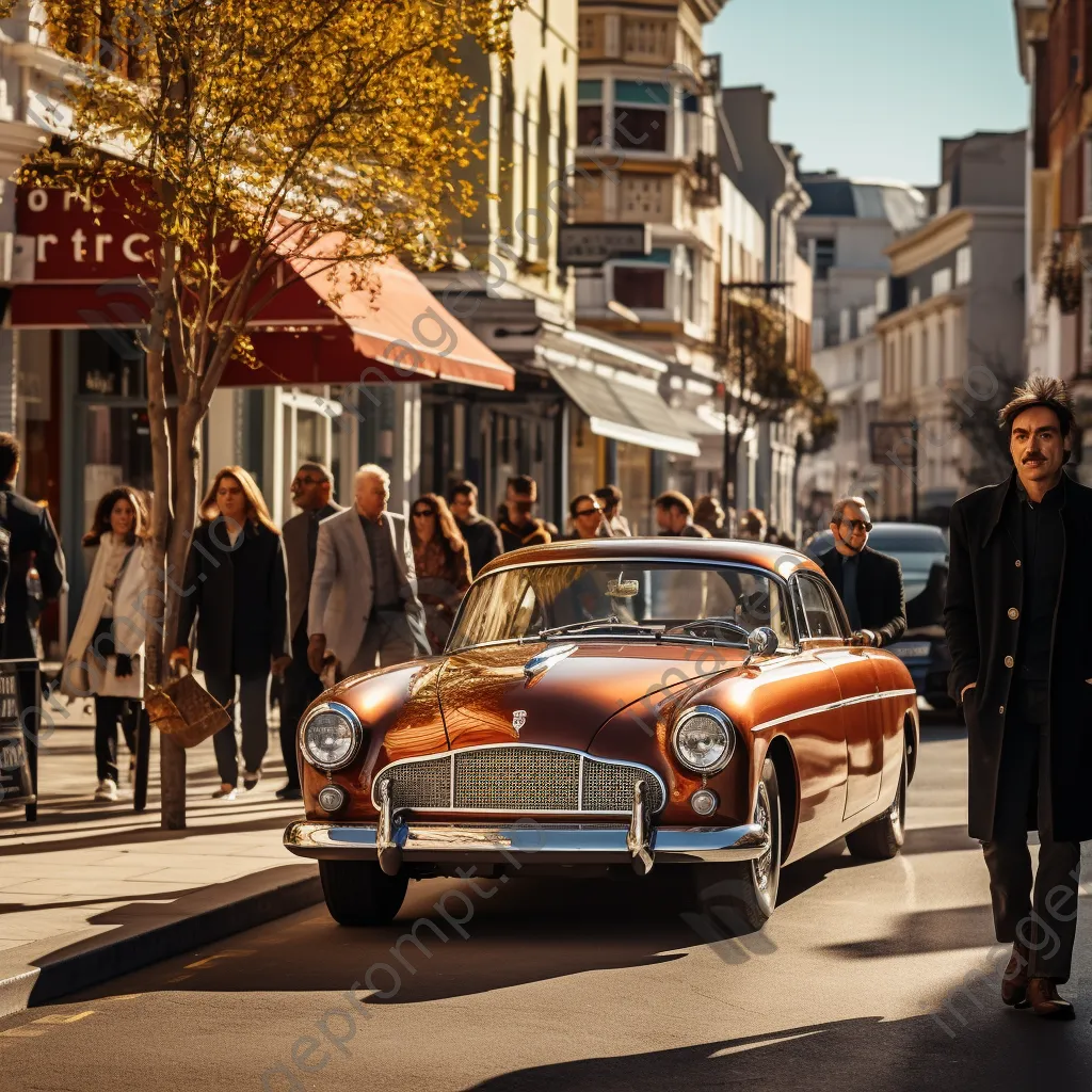 Black and white urban street scene with pedestrians and vintage cars - Image 2