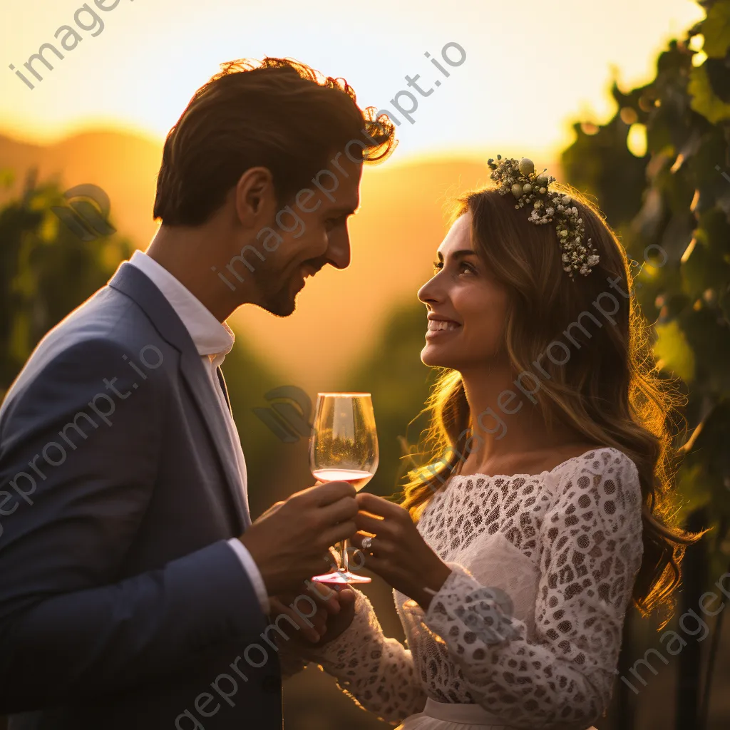 Couple toasting in vineyard at golden hour - Image 1